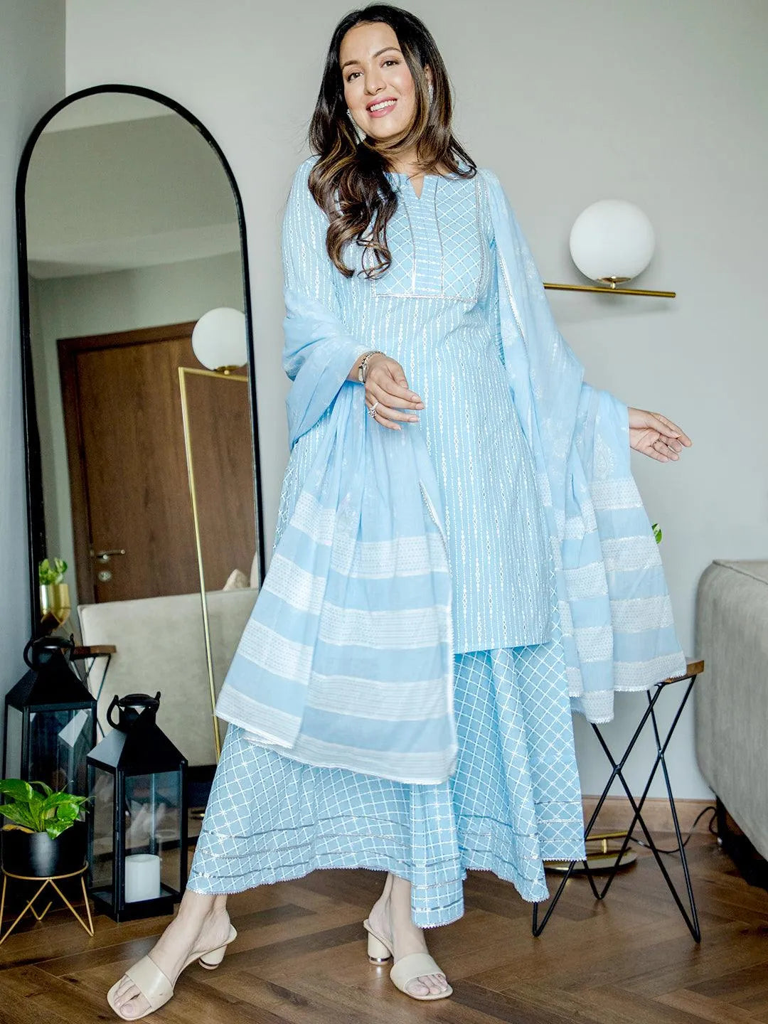 Blue Yoke Design Cotton Straight Suit Set - Jashvi