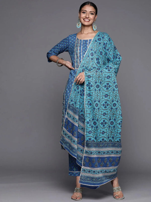 Blue Yoke Design Cotton Straight Suit Set - Jashvi