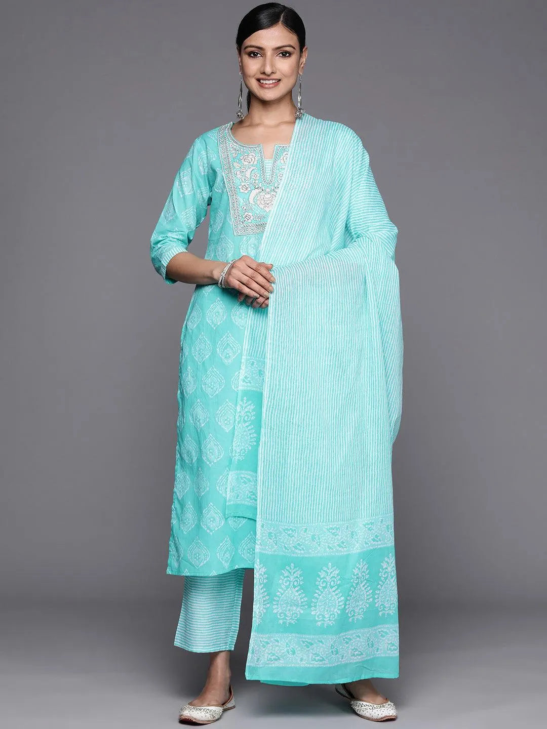 Blue Yoke Design Cotton Straight Suit Set With Trousers - Jashvi