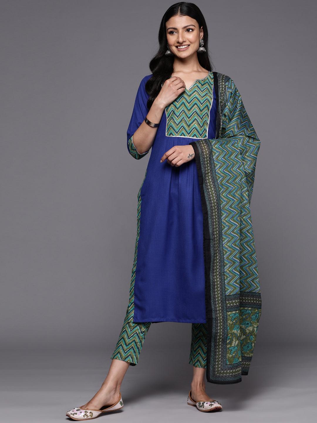 Blue Yoke Design Cotton Straight Suit Set With Trousers - Jashvi