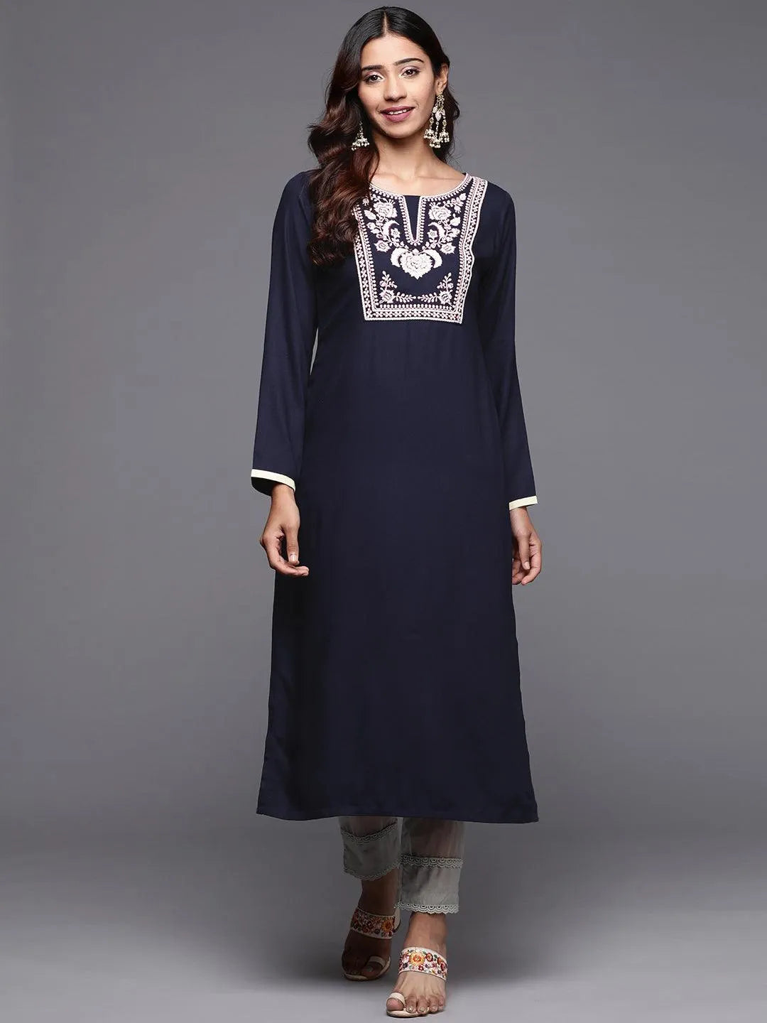 Blue Yoke Design Pashmina Wool Straight Kurta - Jashvi