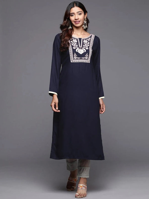 Blue Yoke Design Pashmina Wool Straight Kurta - Jashvi