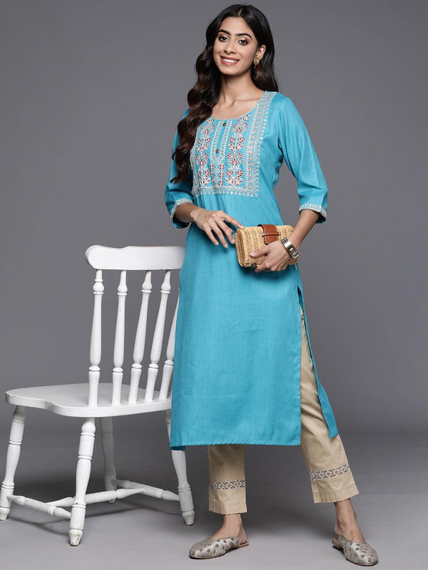 Blue Yoke Design Rayon Straight Kurta - Jashvi