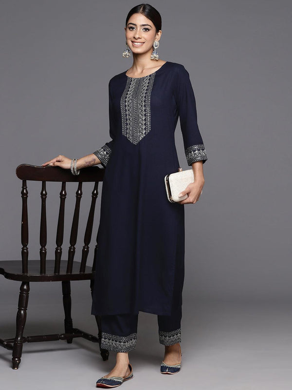 Blue Yoke Design Rayon Straight Kurta With Trousers - Jashvi