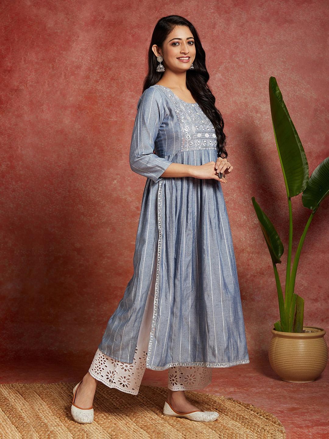 Blue Yoke Design Silk A-Line Kurta - Jashvi