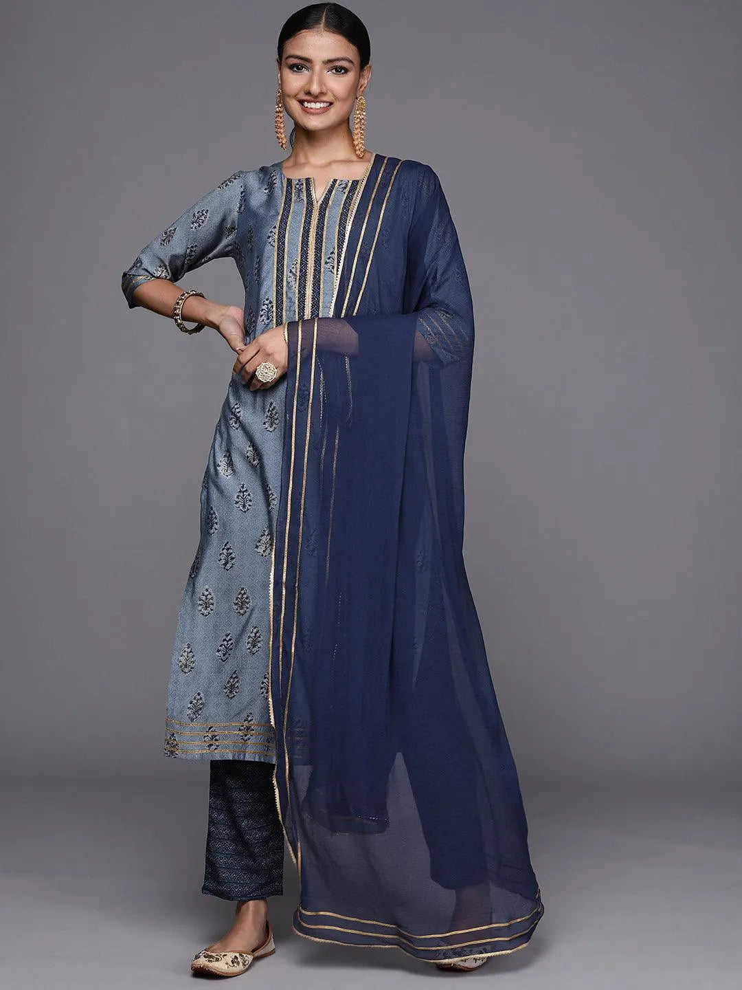 Blue Yoke Design Silk Blend Straight Suit Set - Jashvi