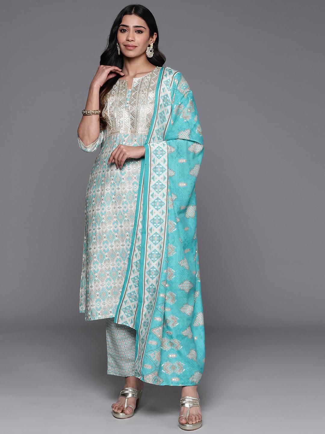 Blue Yoke Design Silk Blend Straight Kurta With Palazzos & Dupatta - Jashvi