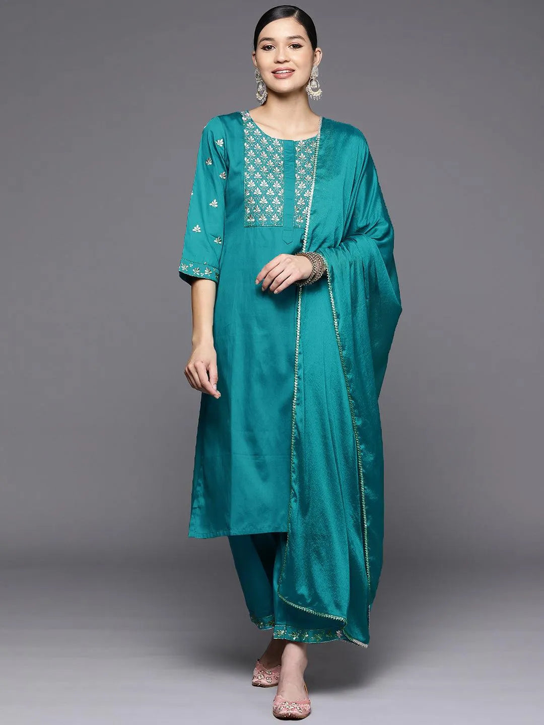 Blue Yoke Design Silk Blend Straight Suit Set With Palazzos - Jashvi