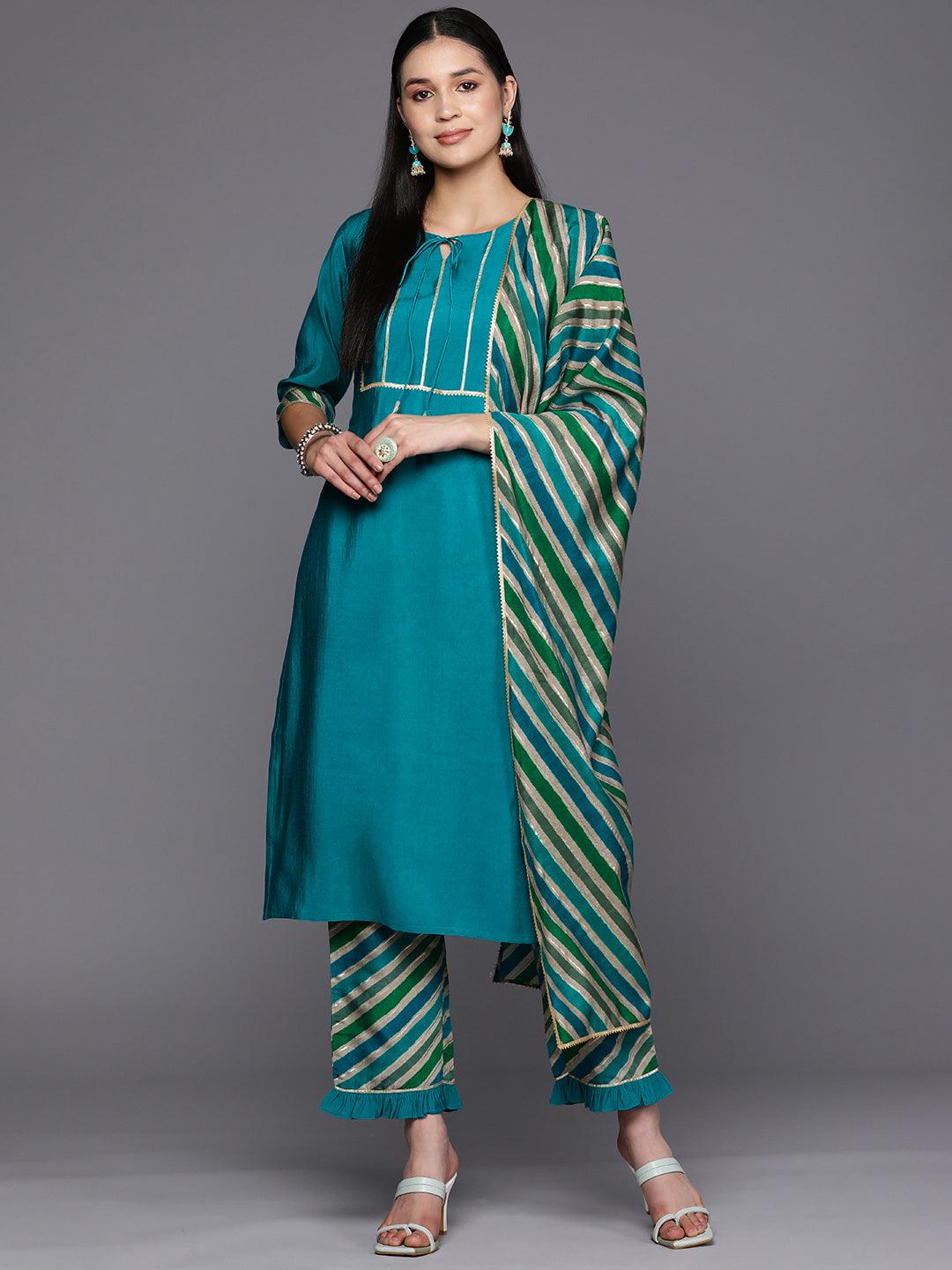 Blue Yoke Design Silk Blend Straight Suit Set With Trousers - Jashvi