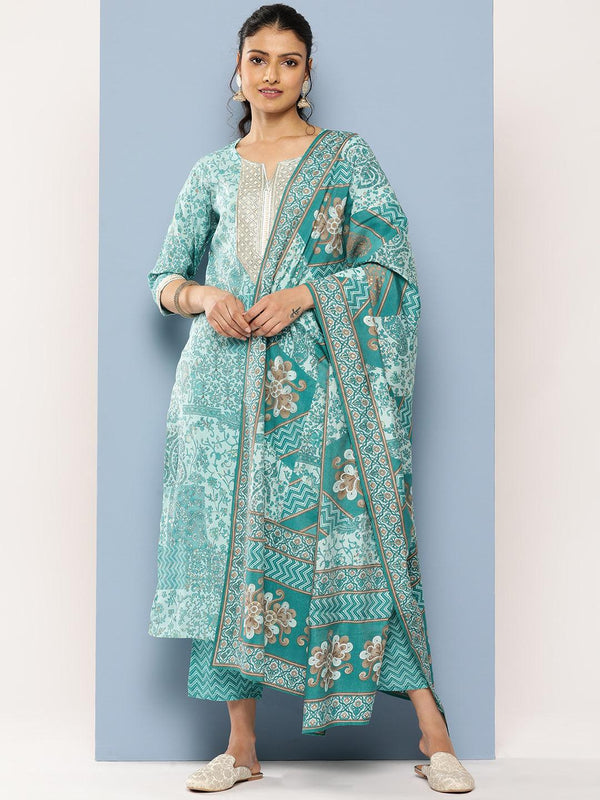 Blue Yoke Design Silk Blend Straight Suit Set With Trousers - Jashvi