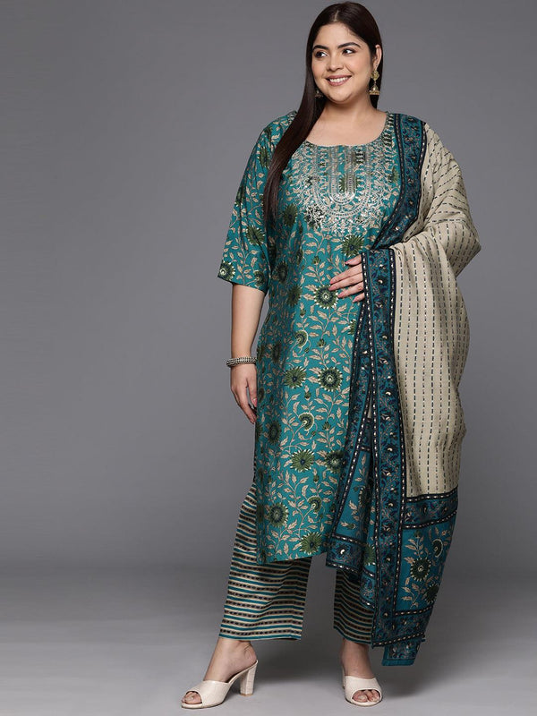 Blue Yoke Design Silk Blend Straight Kurta With Trousers & Dupatta - Jashvi