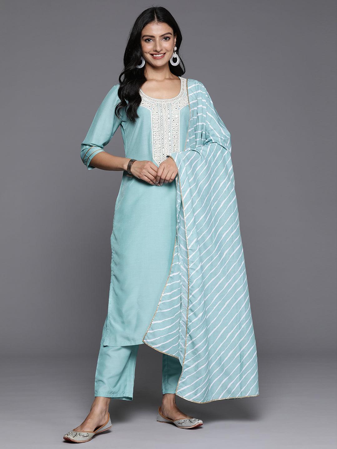 Blue Yoke Design Silk Blend Straight Kurta With Trousers & Dupatta - Jashvi