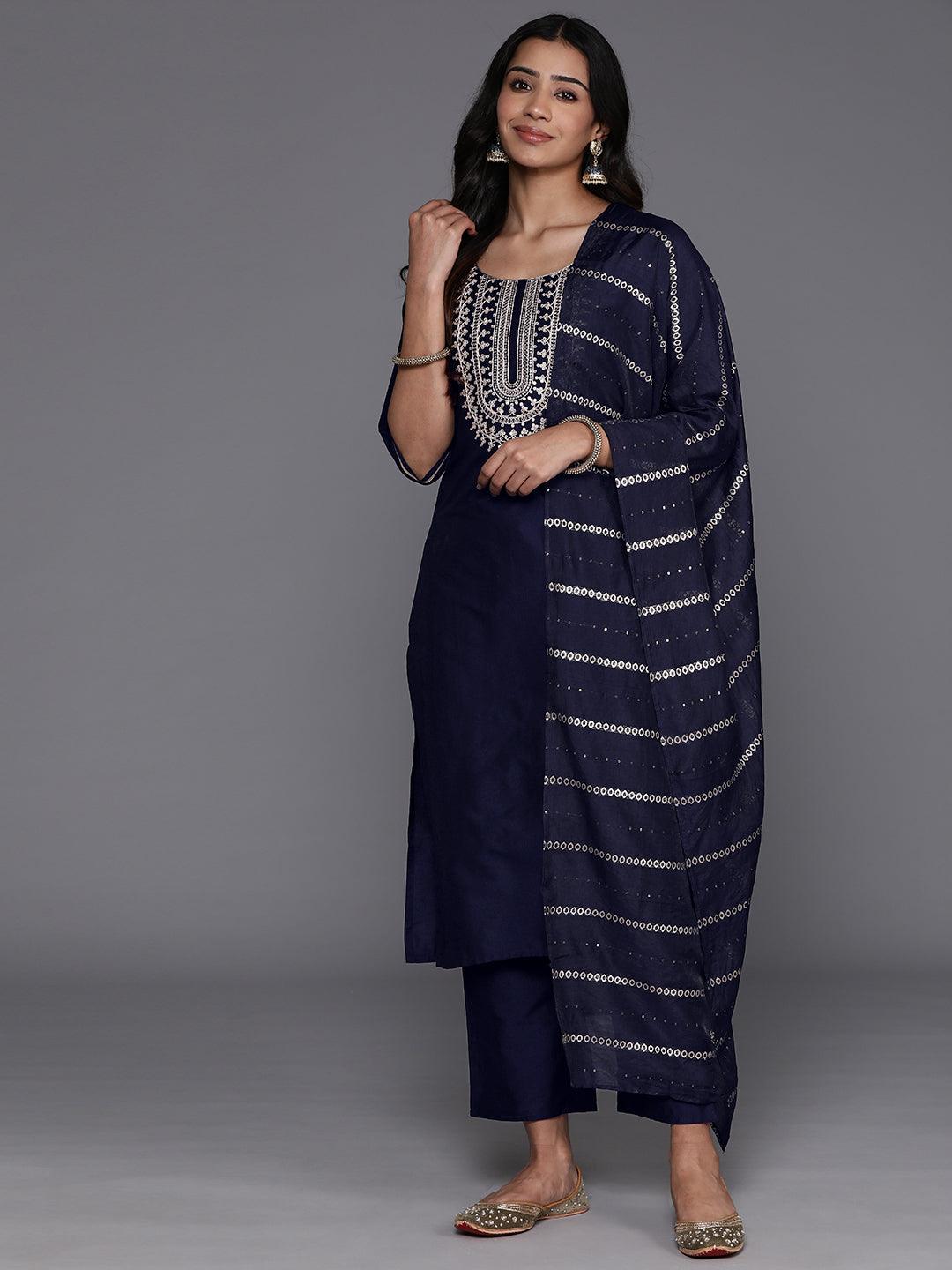 Blue Yoke Design Silk Blend Straight Kurta With Trousers & Dupatta - Jashvi