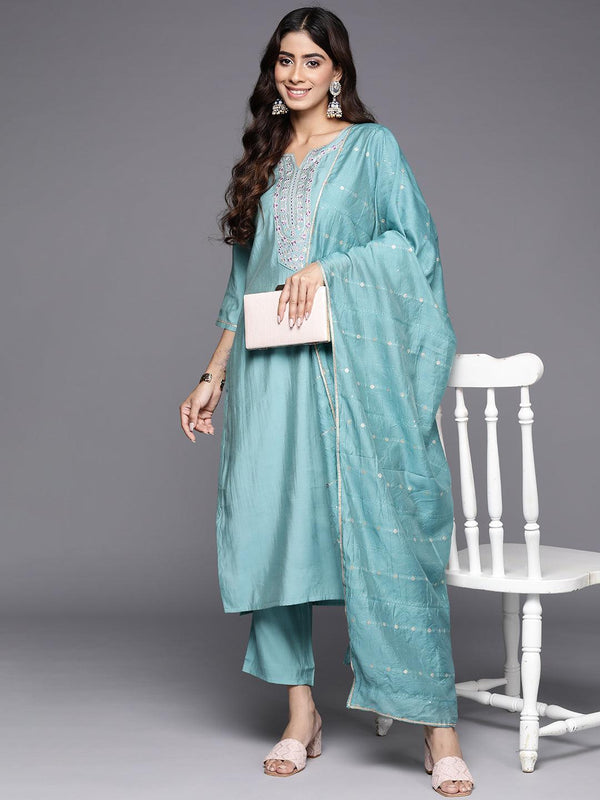 Blue Yoke Design Silk Blend Straight Kurta With Trousers & Dupatta - Jashvi