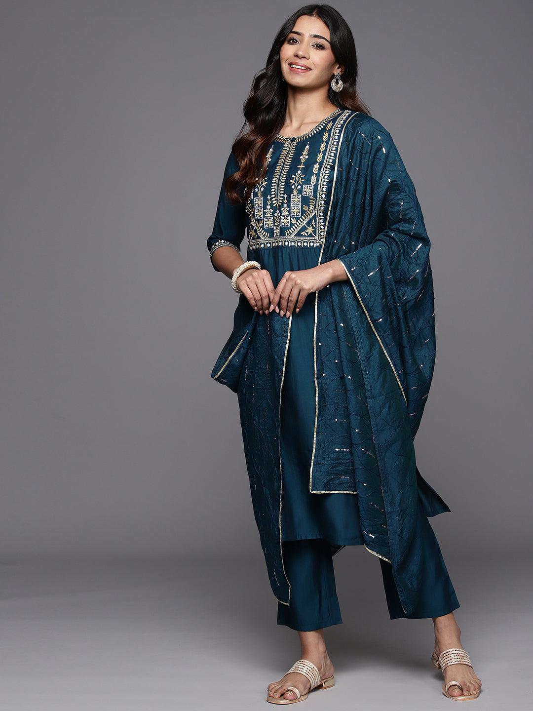 Blue Yoke Design Silk Blend Straight Kurta With Trousers & Dupatta - Jashvi