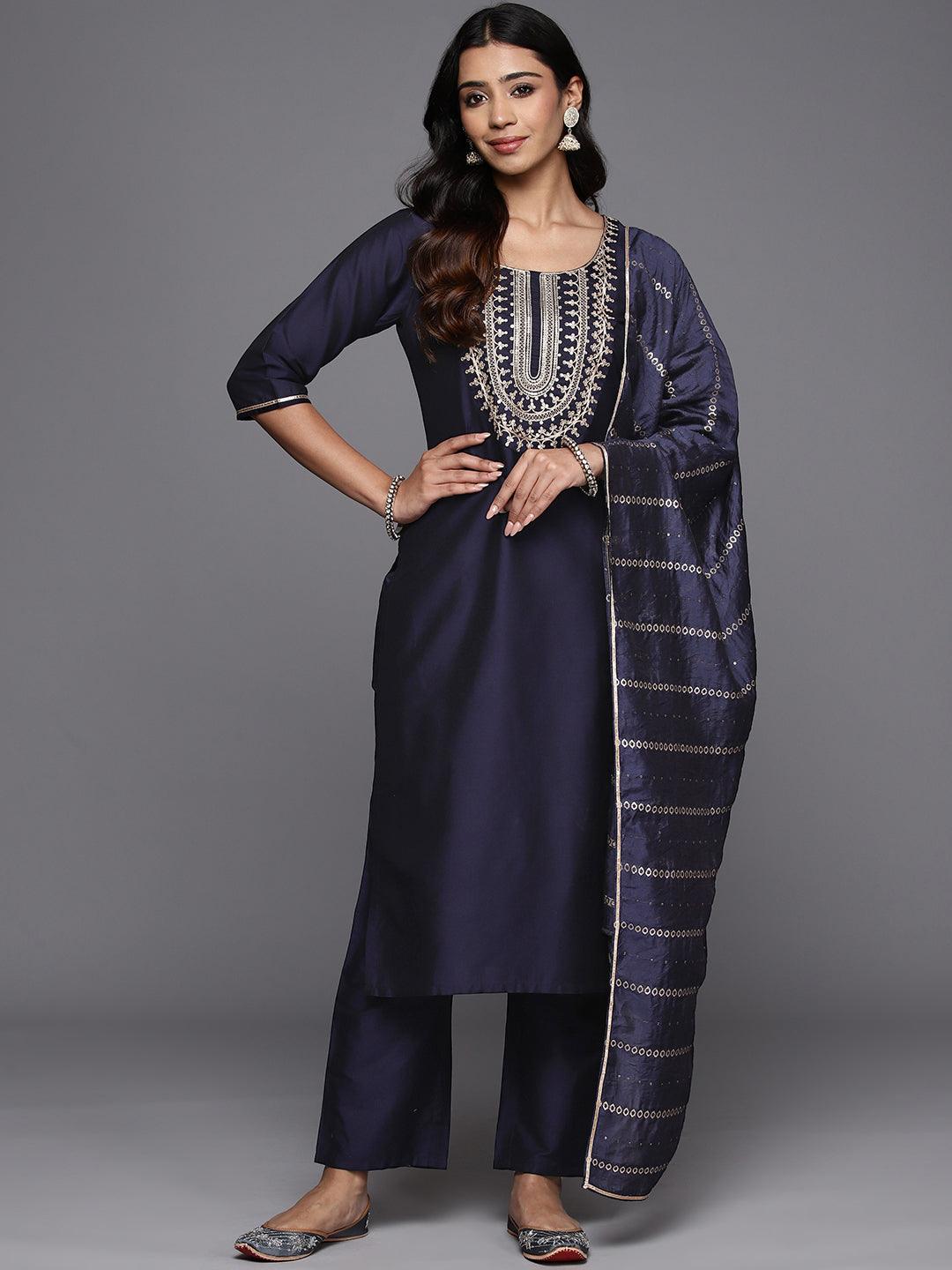 Blue Yoke Design Silk Blend Straight Kurta With Trousers & Dupatta - Jashvi