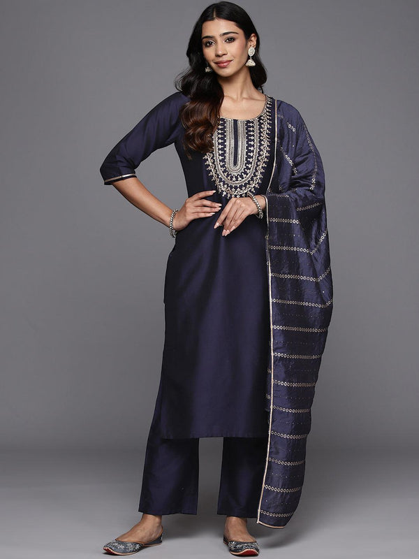 Blue Yoke Design Silk Blend Straight Kurta With Trousers & Dupatta - Jashvi