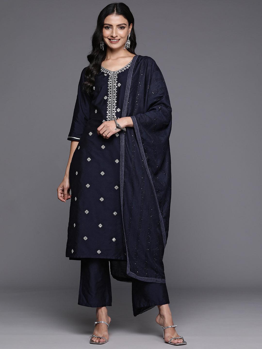 Blue Yoke Design Silk Blend Straight Kurta With Trousers & Dupatta - Jashvi