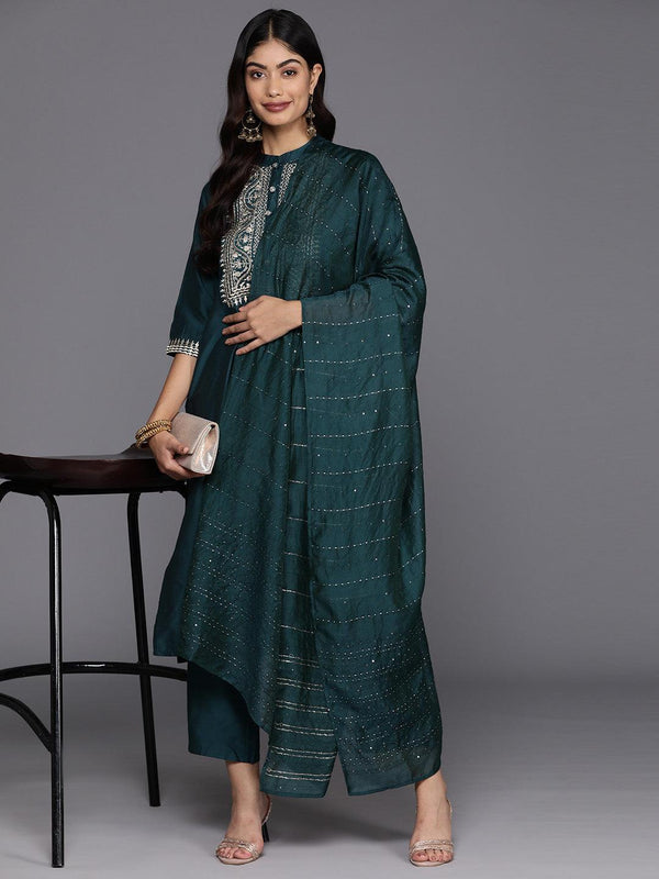 Blue Yoke Design Silk Blend Straight Kurta With Trousers & Dupatta - Jashvi