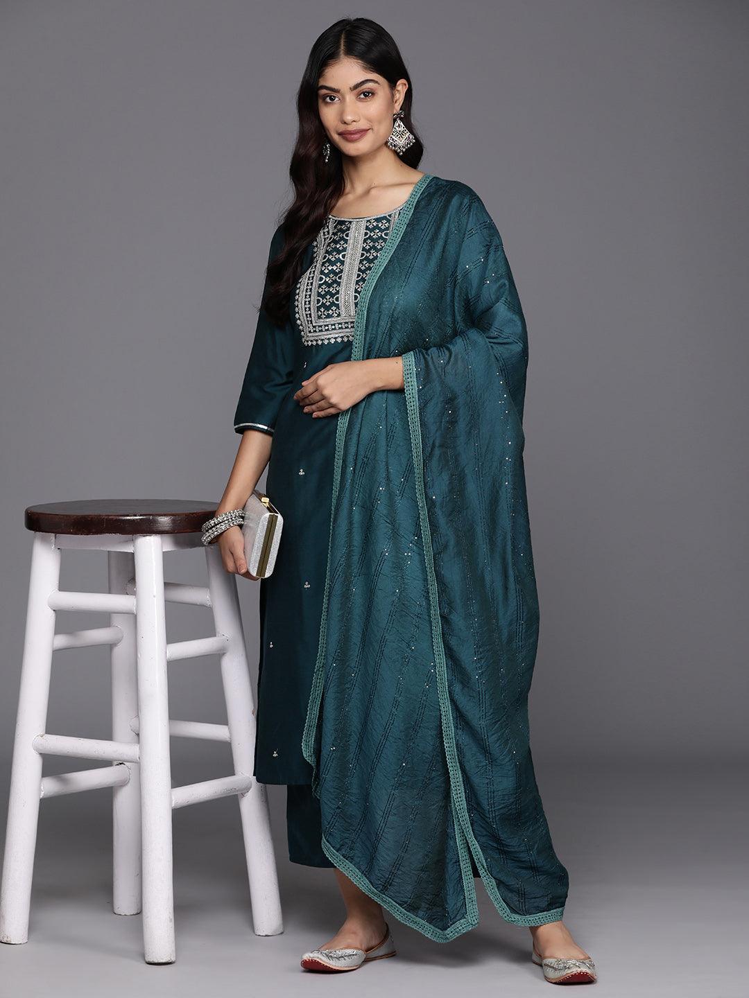 Blue Yoke Design Silk Blend Straight Kurta With Trousers & Dupatta - Jashvi