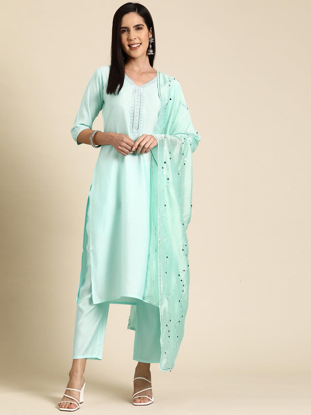 Blue Yoke Design Silk Blend Straight Kurta With Trousers & Dupatta - Jashvi