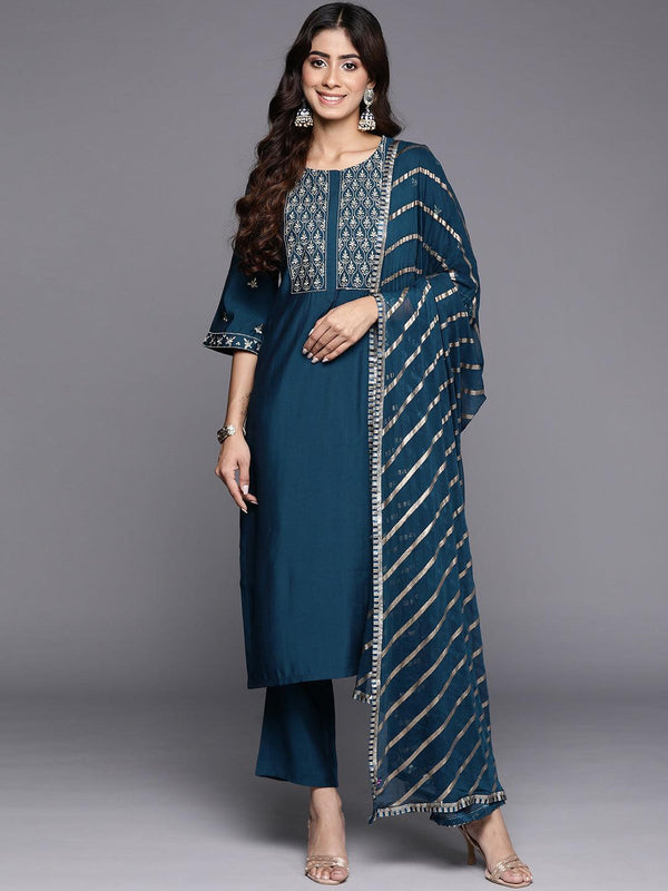 Blue Yoke Design Silk Blend Straight Kurta With Trousers & Dupatta - Jashvi