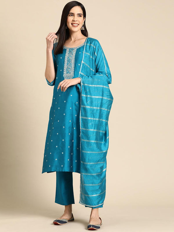 Blue Yoke Design Silk Blend Straight Kurta With Trousers & Dupatta - Jashvi