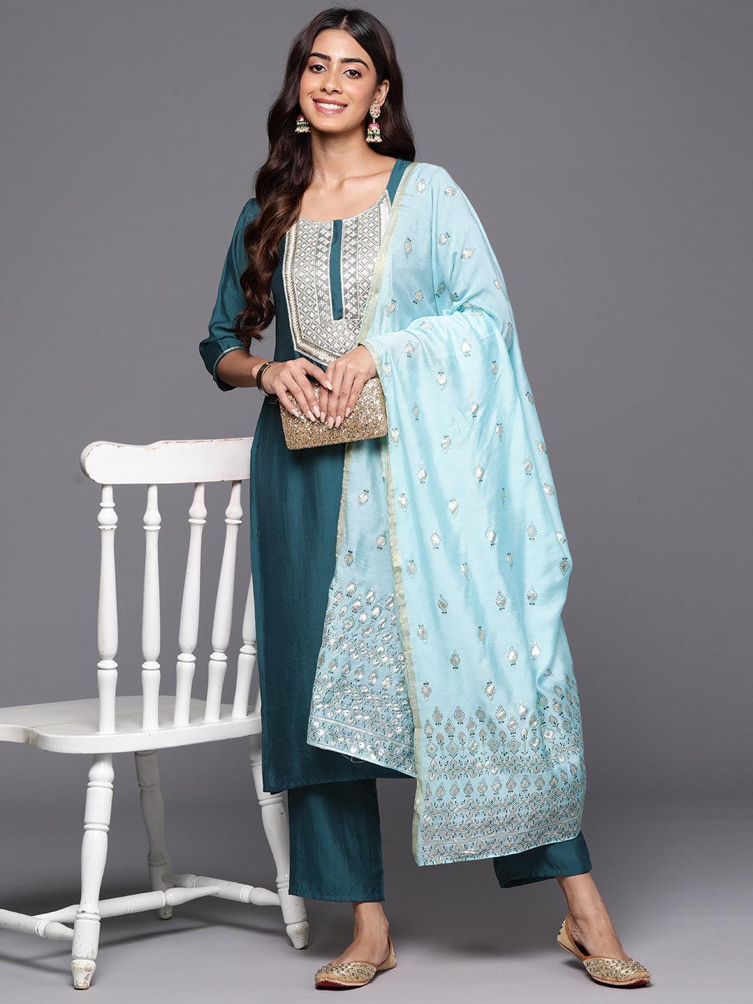 Blue Yoke Design Silk Blend Straight Kurta With Trousers & Dupatta - Jashvi