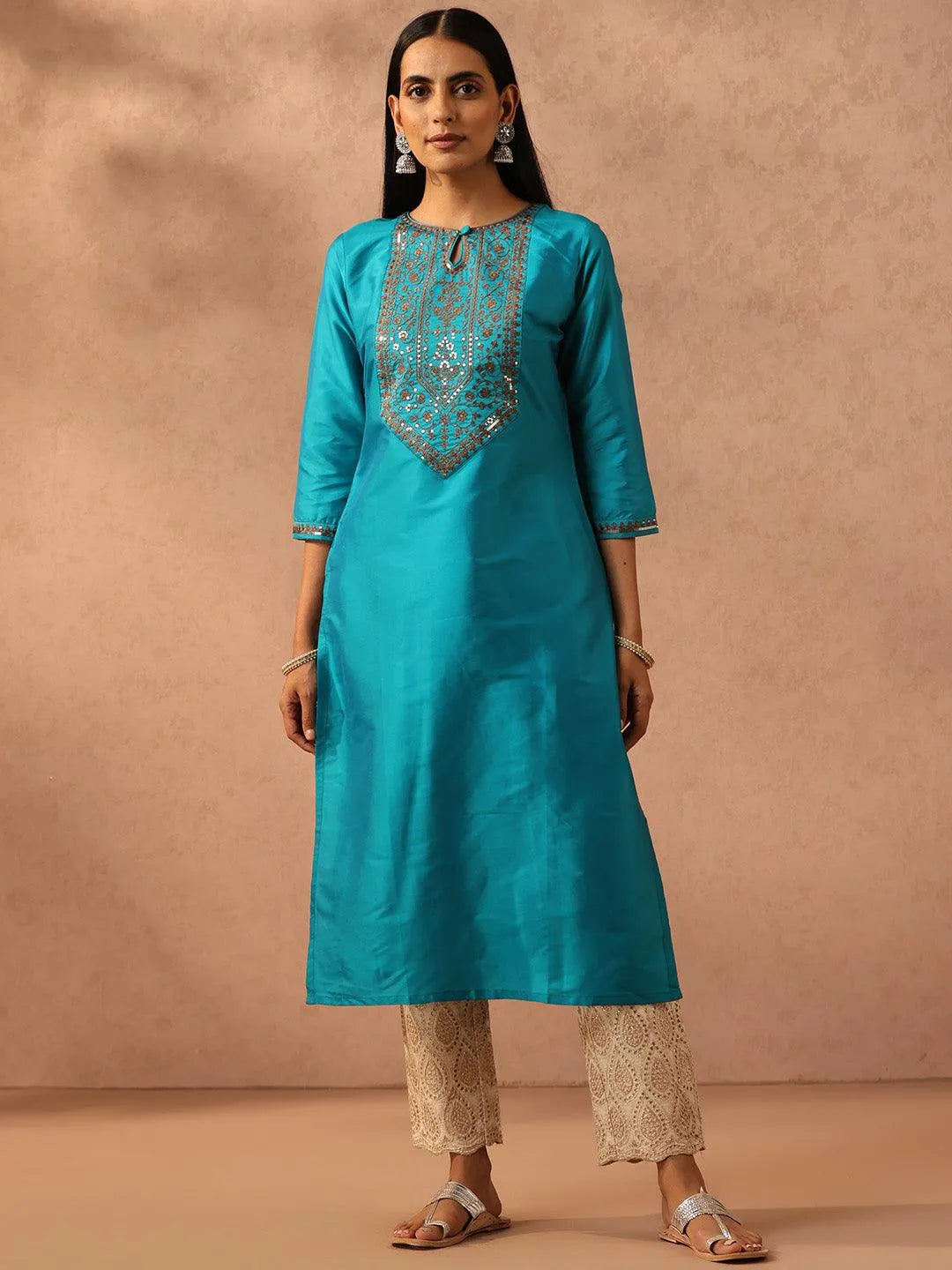 Blue Yoke Design Silk Straight Kurta - Jashvi