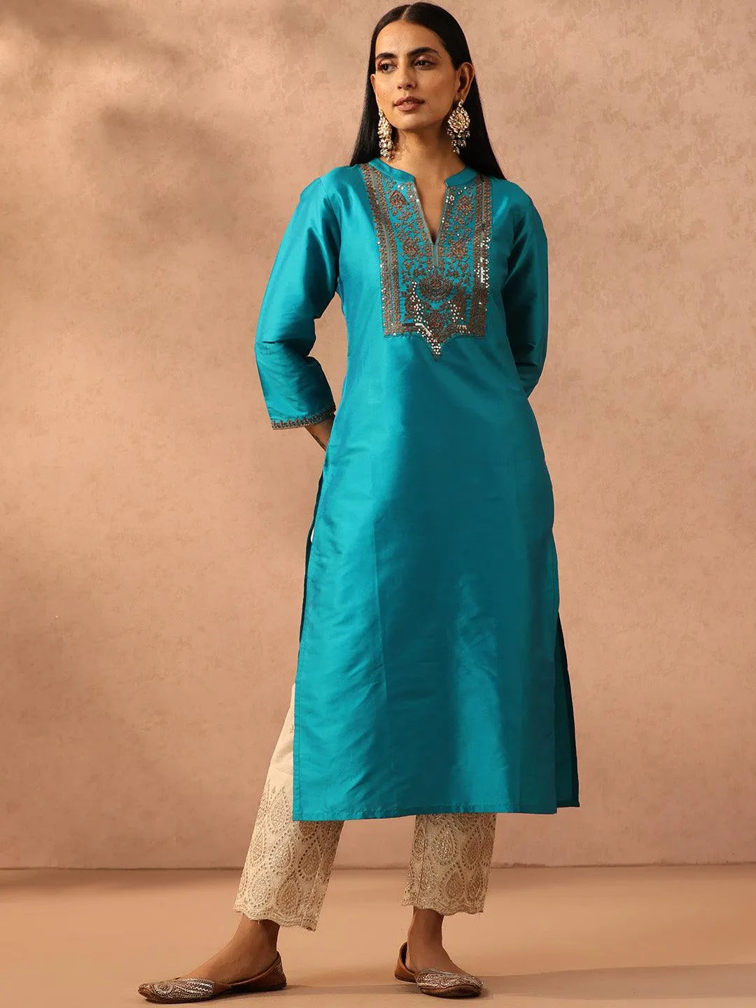 Blue Yoke Design Silk Straight Kurta - Jashvi