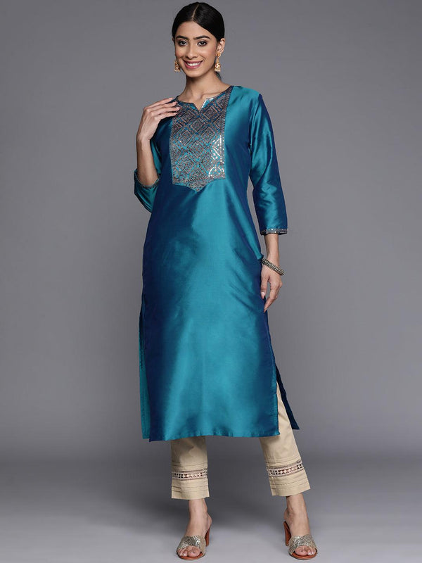 Blue Yoke Design Silk Straight Kurta - Jashvi