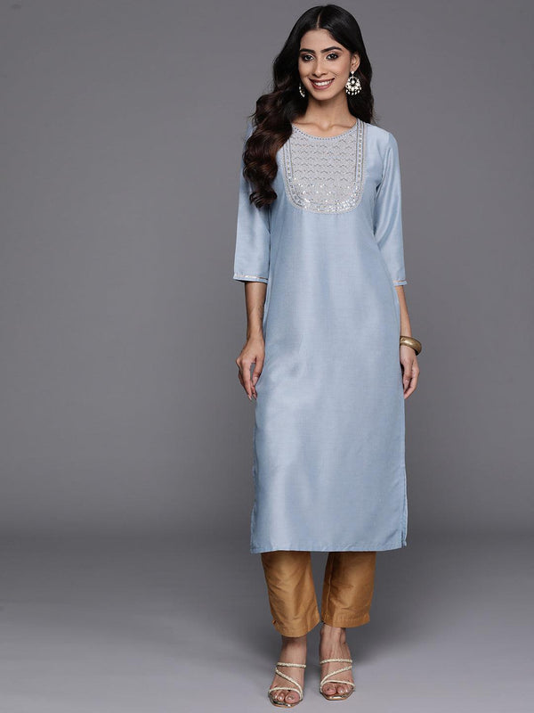 Blue Yoke Design Silk Straight Kurta - Jashvi