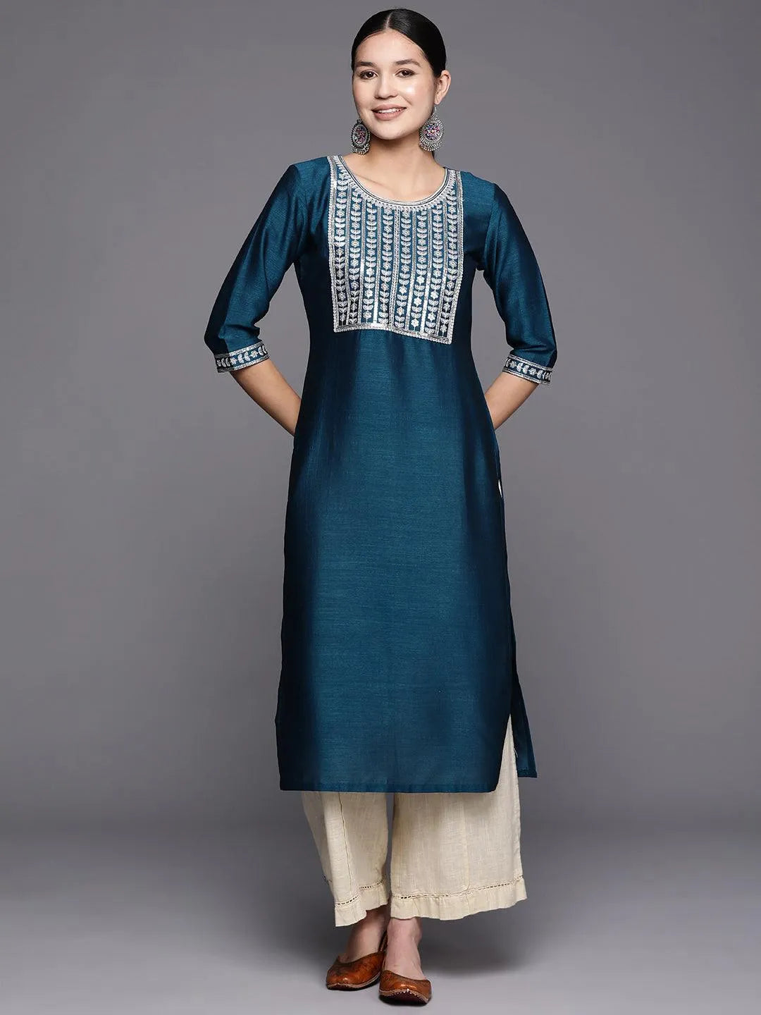 Blue Yoke Design Silk Straight Kurta - Jashvi