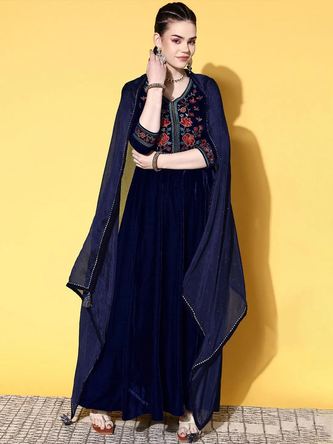 Blue Yoke Design Velvet Anarkali Suit Set - Jashvi