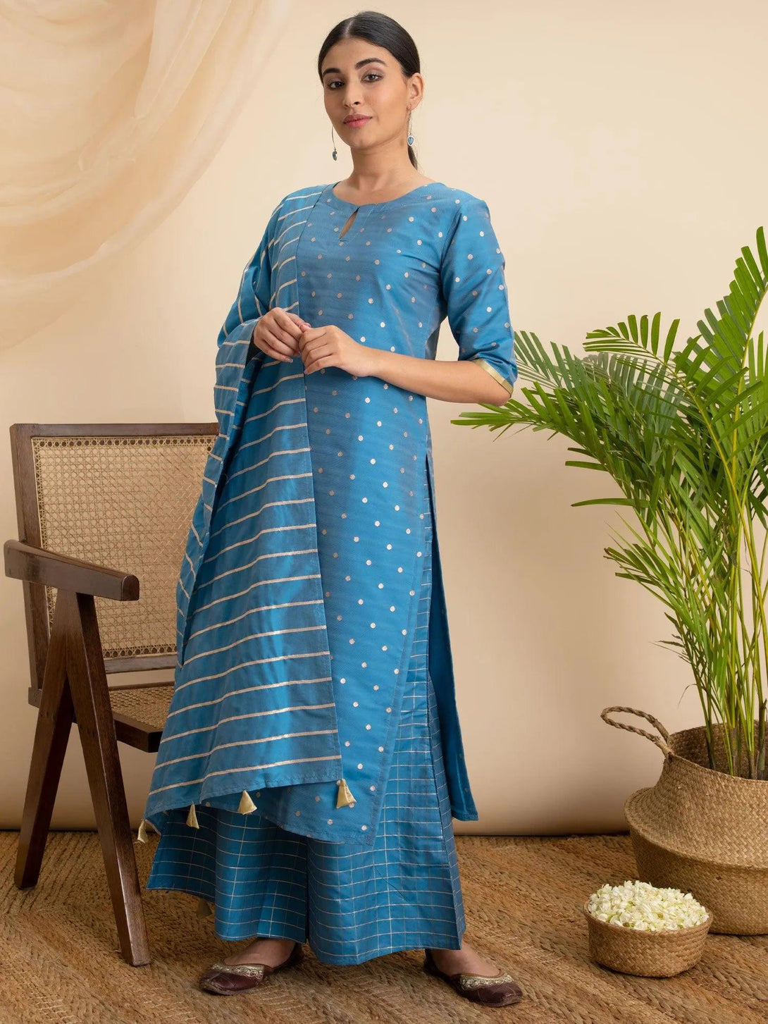 Blue Zari Work Chanderi Suit Set - Jashvi