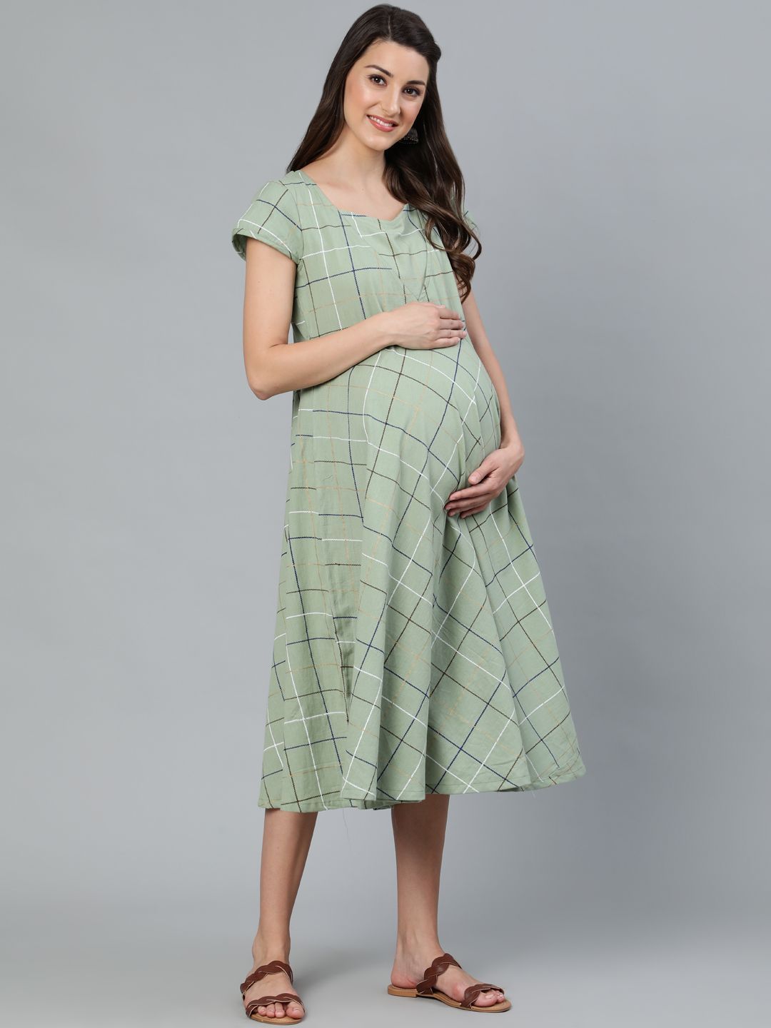 Women's Green Checks Printed Maternity Dress - AKS