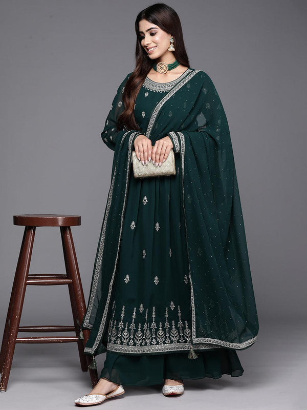 Bottle Green Embroidered Georgette A-Line Kurta With Palazzos & Dupatta - Jashvi