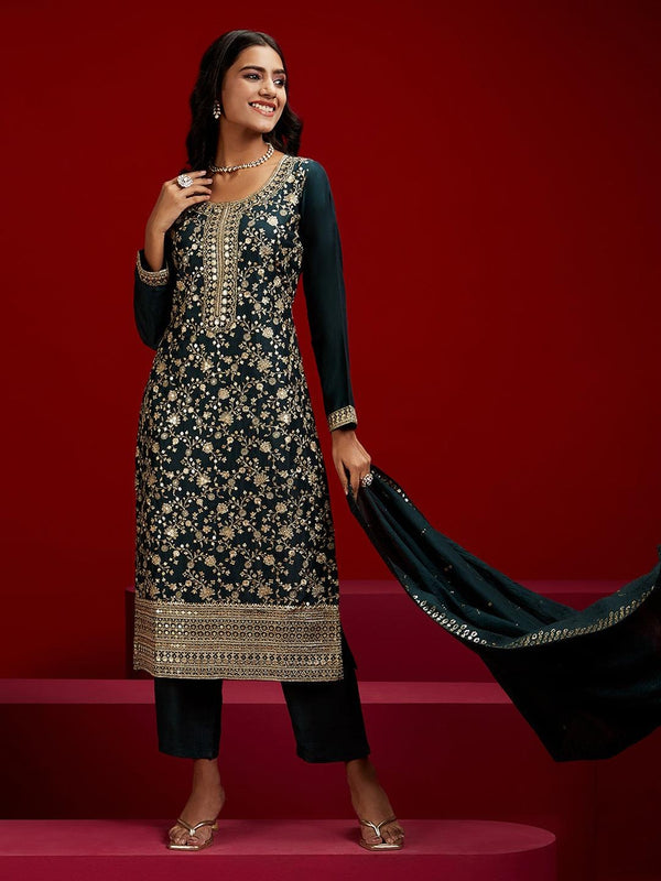 Bottle Green Embroidered Silk Blend Kurta With Trousers & Dupatta - Jashvi