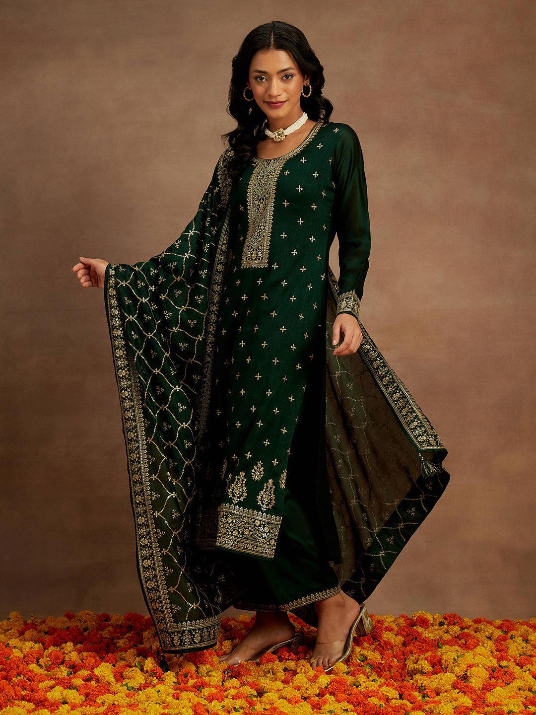 Bottle Green Embroidered Silk Blend Straight Kurta With Trousers & Dupatta - Jashvi