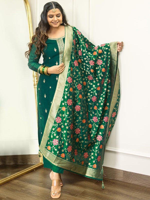 Bottle Green Embroidered Silk Blend Straight Kurta With Trousers & Dupatta - Jashvi