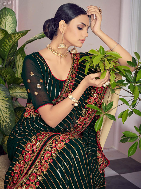 Women's Bottle Green Georgette Sequin Saree - Odette