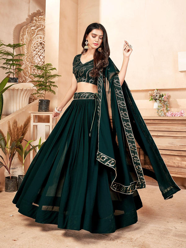 Women's Bottle Green Thread Work With Multi Sequin Work Lehenga Choli - Odette