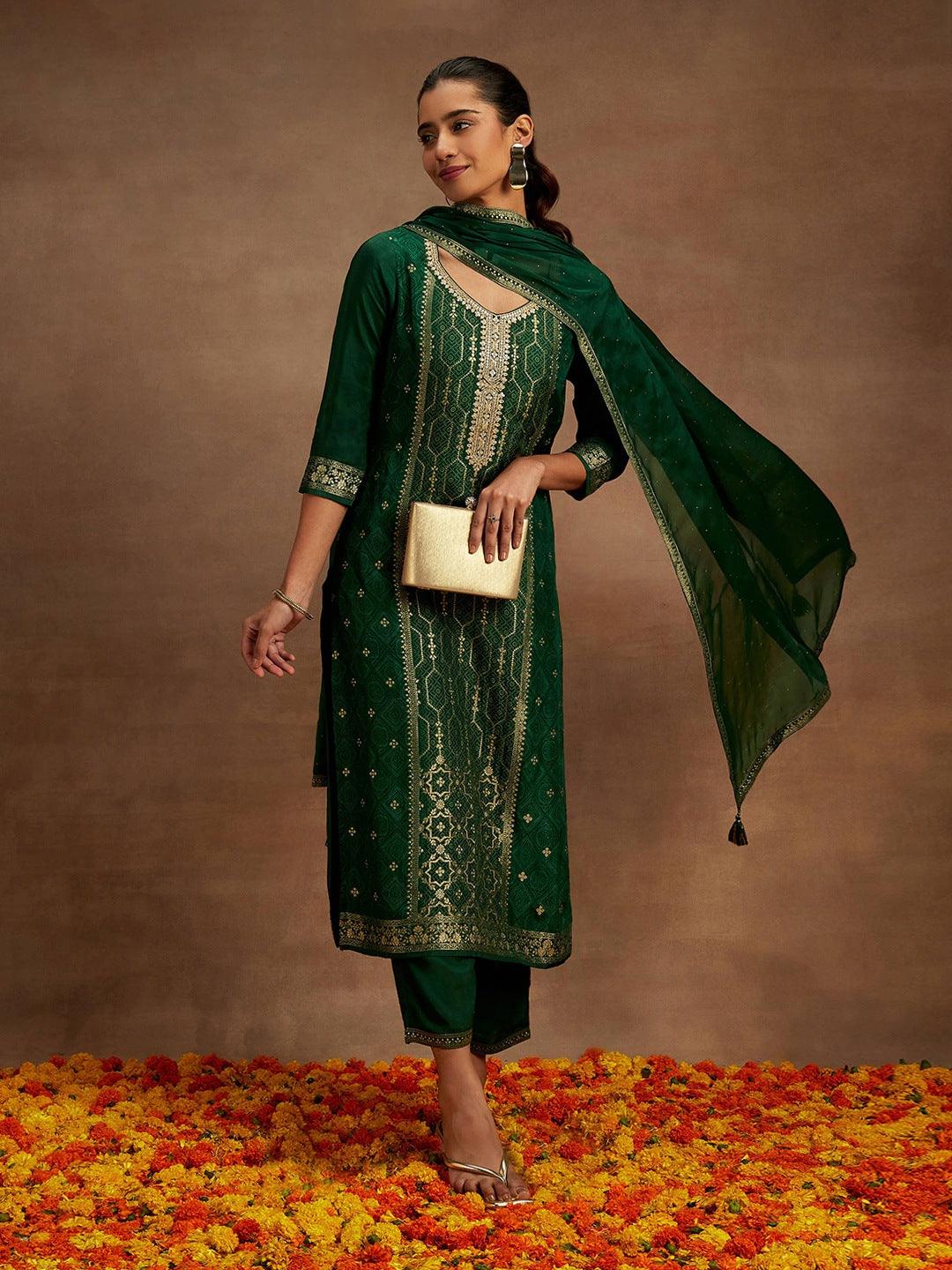 Bottle Green Woven Design Silk Blend Straight Kurta With Trousers & Dupatta - Jashvi