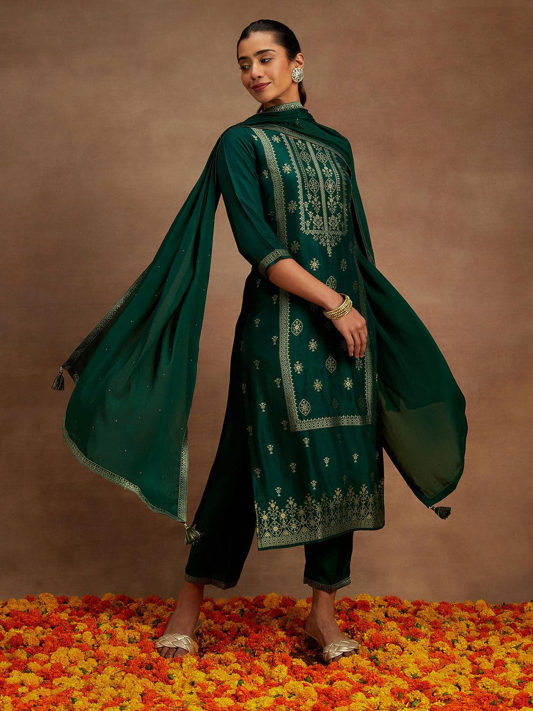 Bottle Green Woven Design Silk Blend Straight Kurta With Trousers & Dupatta - Jashvi