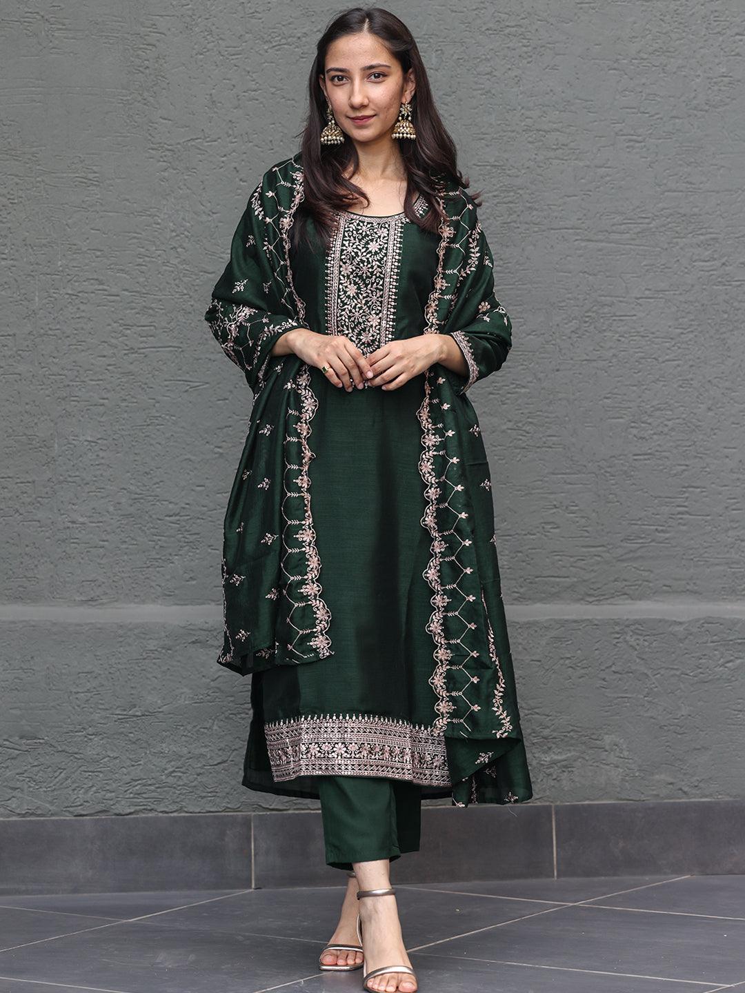 Bottle Green Yoke Design Silk Blend Straight Kurta With Trousers & Dupatta - Jashvi