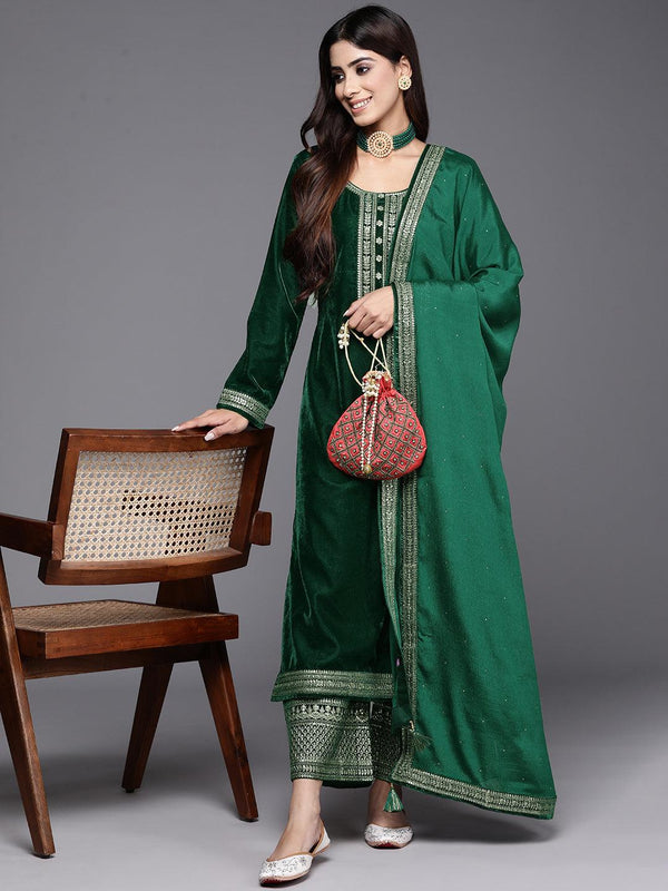 Bottle Green Yoke Design Velvet Straight Kurta With Palazzos & Dupatta - Jashvi