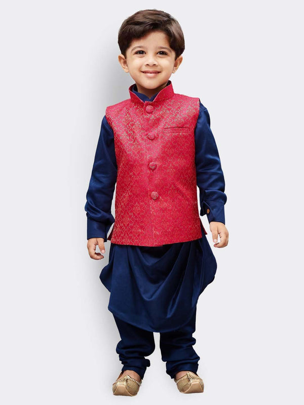 JashviBoys' Blue Cotton Kurta, Waistcoat and Pyjama Set