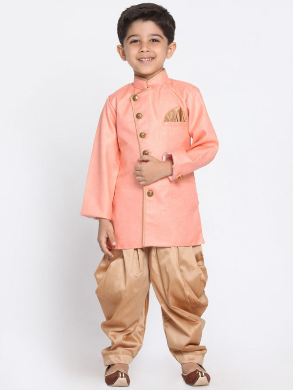 JashviBoys Pink Jute Silk Blend Sherwani Set