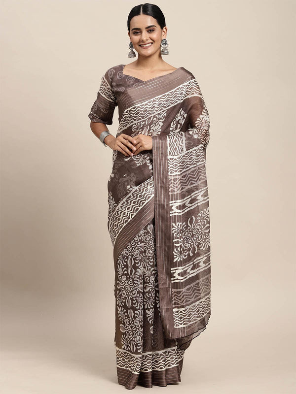 Women's Brasso Charcoal Grey Printed Designer Saree With Blouse Piece - Odette