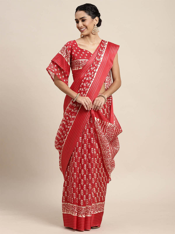 Women's Brasso Red Printed Designer Saree With Blouse Piece - Odette